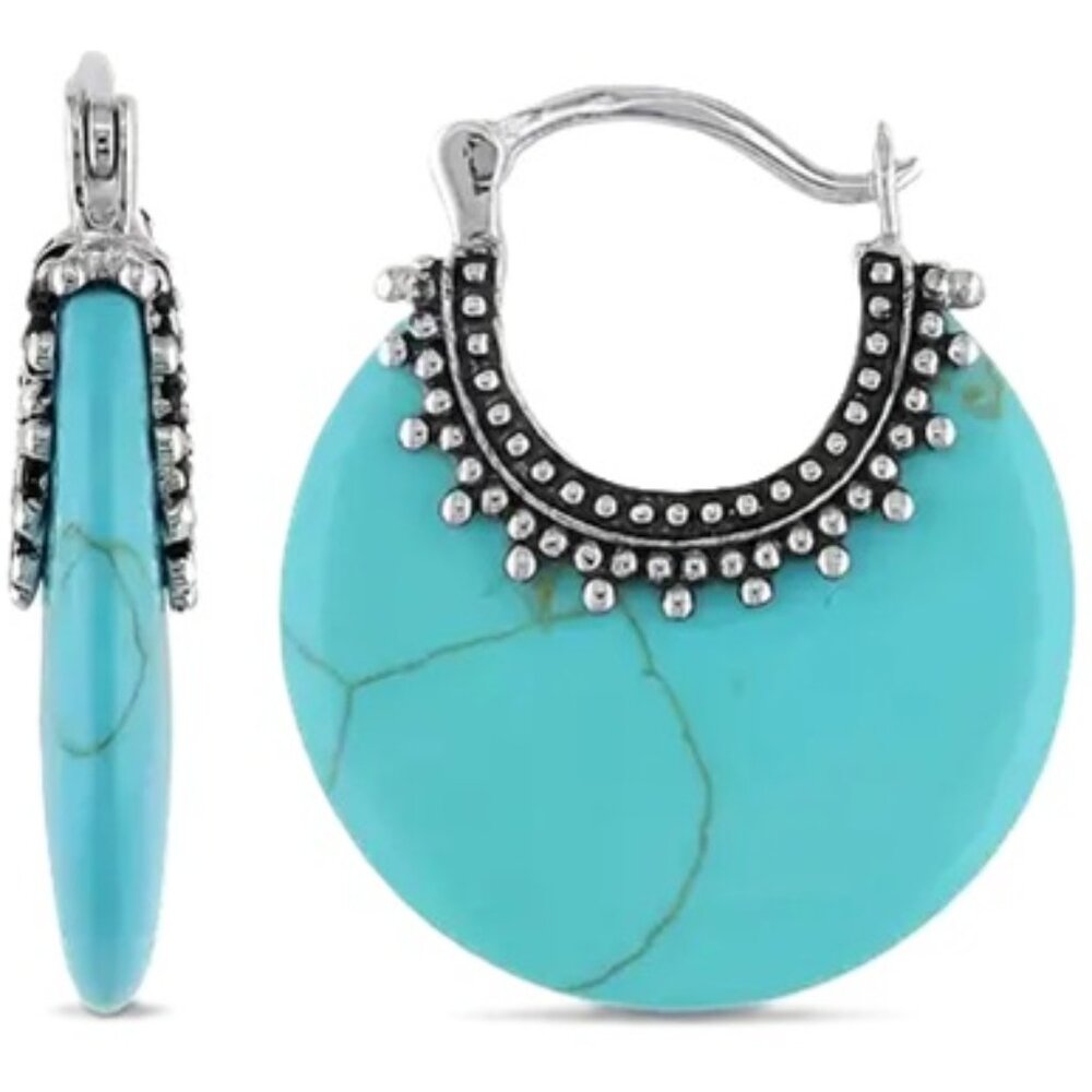 Crescent Hoop Earrings Synthetic Turquoise Stone & Silver Electro-Plated
